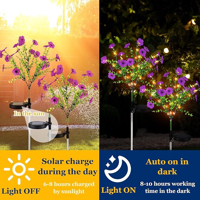 Glooglitter 2 Pack Solar Stake Lights Outdoor Decor Waterproof Mums Artificial Flowers Solar Lights for Outdoor Garden Yard Pathway Decor (Purple,Violet)