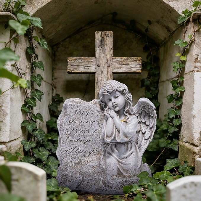 basen Memorial Angel Statue for Grave, Praying Child Angel Figurine with Engraved Message, Resin Cemetery Decoration for Outdoor Lawn Yard, Sympathy Gift, Remembrance Garden Decor