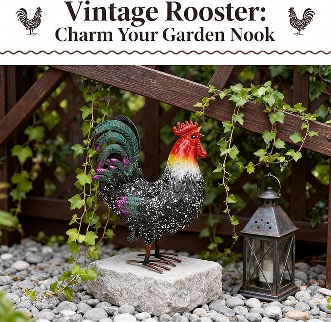 Metal Rooster Statue Chicken Decor, Rustic Farmhouse Spring Garden Yard Art, Weather Resistant Outdoor Sculpture for Patio Lawn Backyard, Ideal for Home Kitchen Decor