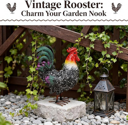 Metal Rooster Statue Chicken Decor, Rustic Farmhouse Spring Garden Yard Art, Weather Resistant Outdoor Sculpture for Patio Lawn Backyard, Ideal for Home Kitchen Decor