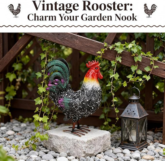 Metal Rooster Statue Chicken Decor, Rustic Farmhouse Spring Garden Yard Art, Weather Resistant Outdoor Sculpture for Patio Lawn Backyard, Ideal for Home Kitchen Decor