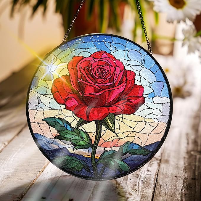 Bimkole Rose Stained Glass Suncatcher Window Hanging - Flowers Design for Indoor Window or Doorway Decoration - 7.87x7.87 inch with Chain and Hook - Unique Home Decor Gift