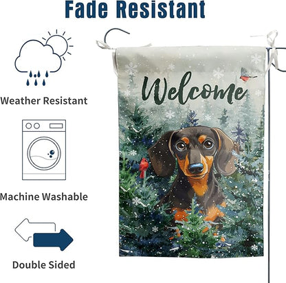 Welcome Winter Garden Flags Dachshund Garden Flag Cardinal Birds on Snowy Pine Tree Flag Dog Yard Flags for Outside 12x18 Double Sided Christmas Decorative Lawn Flags