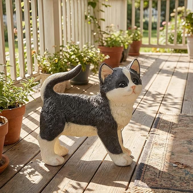 Real Black Tabby Garden Statue - Resin Realistic Cat Sculpture, Pet Loss Memorial Stone, for Cat Lovers, Indoor/Outdoor Decor, Animal Figurine for Yard Ornaments