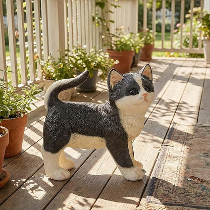 Real Black Tabby Garden Statue - Resin Realistic Cat Sculpture, Pet Loss Memorial Stone, for Cat Lovers, Indoor/Outdoor Decor, Animal Figurine for Yard Ornaments