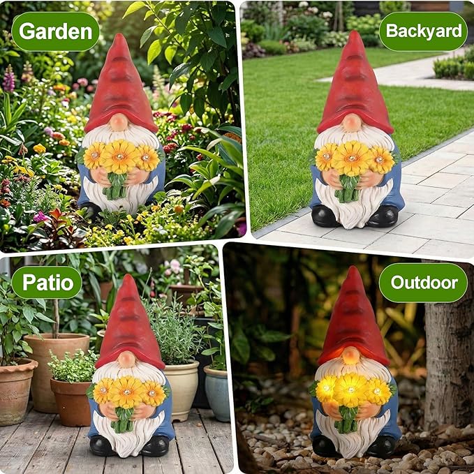 Gnomes Solar Garden Decor Garden Statues Sunflower Gnome Figurines Birthday Gifts for Women Mothers Day Gifts for Mom Grandma Outdoor Decorations for Yard Lawn Patio