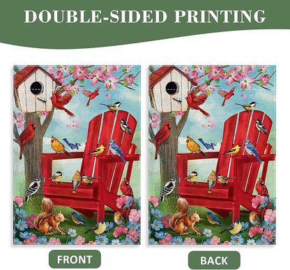 Spring Red Chair Birds Decorative Garden Flag, Cardinal Blue Jay Chickadee Squirrel Birdhouse Flowers Yard Outside Decorations, Summer Farmhouse Outdoor Small Home Decor Double Sided 12 x 18