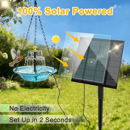 Yeomi Solar Fountain for Bird Bath, Solar Cascade Hanging Bird Bath Fountain, Large Hummingbird Bath with Solar Pump & Blue Glass Bowl, Outdoor Garden Decor
