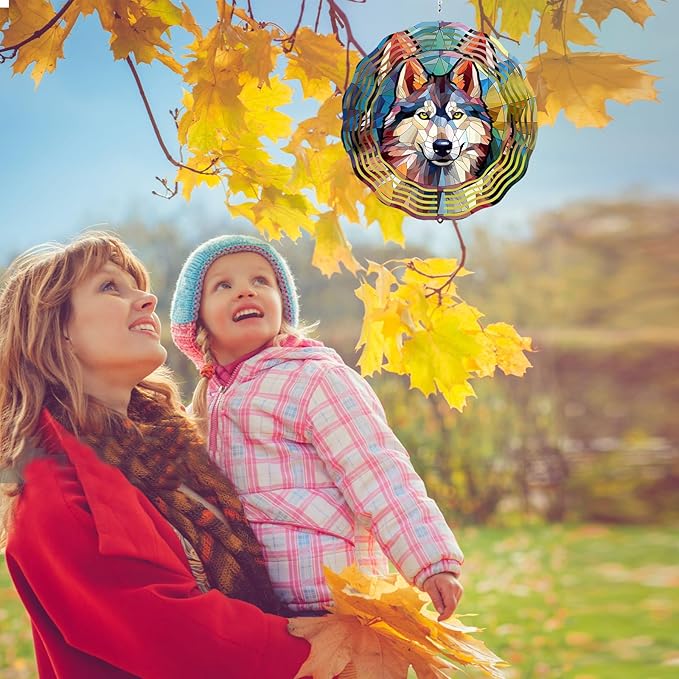 Wind Spinner Wolf 12 Inch Large Stainless Steel 3D Kinetic Wind Sculptures Hanging for Fall Halloween Outdoor Yard Patio Garden Decorations