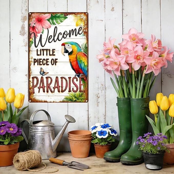 Garden Signs for Outside Welcome to Our Little Piece of Paradise, Funny Metal Signs for Home Garden Patio Yard, Retro Gardening Gifts for Women, Wall Decor 12" x 8"