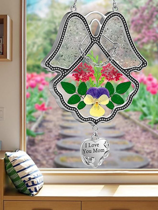 KY&BOSAM Angel Suncatcher I Love You Mom Stained Glass Panels Suncatchers for Windows Wind Chime with Pressed Flower Glass and Metal Heart Charm Birthdays Gift for Mom Mothers Day Valentines Christmas