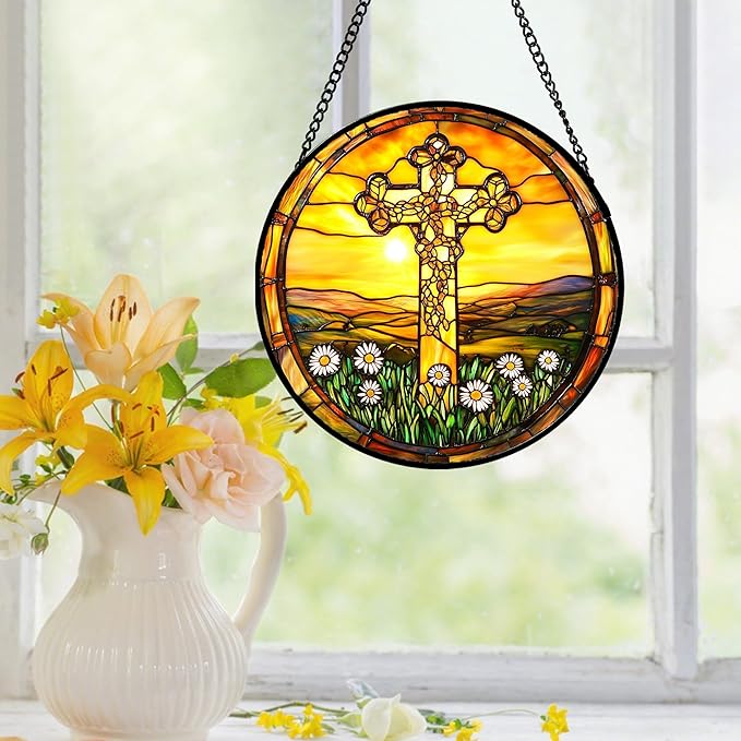 DASTOLL Christian Gifts for Women - Cross Stained Glass Window Hanging Easter Golden Sun Sunset Flower Sun Catcher Garden Religion Decor Mother's Day Catholic Gift for Men Grandma Nana Her 15"