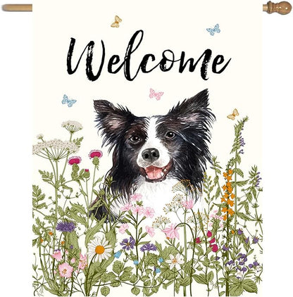 Floral Border Collie Garden Flag Spring Summer House Flags 28 x 40 Double Sided Flower Dog Yard Flags for Outside Large Outdoor Welcome Flags
