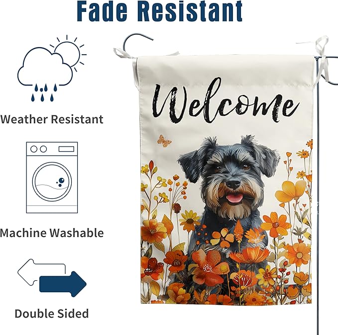 Floral Schnauzer Garden Flag Fall Yard Flag Wildflower Dog Garden Flags Orange Autumn Lawn Flags Welcome Thanksgiving Outdoor Flags for Outside 12x18 Double Sided Small