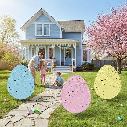 DoubleFill 3 Pcs Easter Decorations Outdoor 3D Metal Easter Eggs Tulip Yard Signs Decorative Garden Stakes Eggs Bunny Lawn Decorations Yard Decor for Spring Lawn Pathway Garden (Spotted Style)