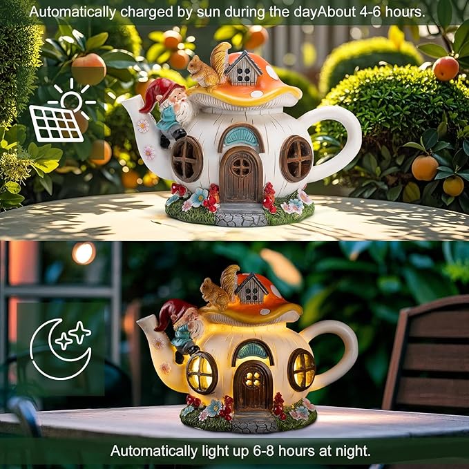 twinbling Solar Fairy House Garden Outdoor Statue with Gnome and Squirrel Figurine, Fairy Garden Accessories for Patio, Lawn, Yard & Balcony, Gifts for Mom Grandma