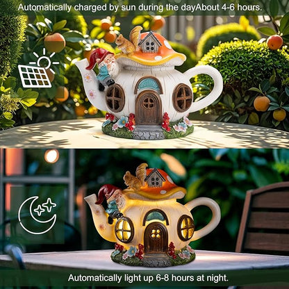 twinbling Solar Fairy House Garden Outdoor Statue with Gnome and Squirrel Figurine, Fairy Garden Accessories for Patio, Lawn, Yard & Balcony, Gifts for Mom Grandma