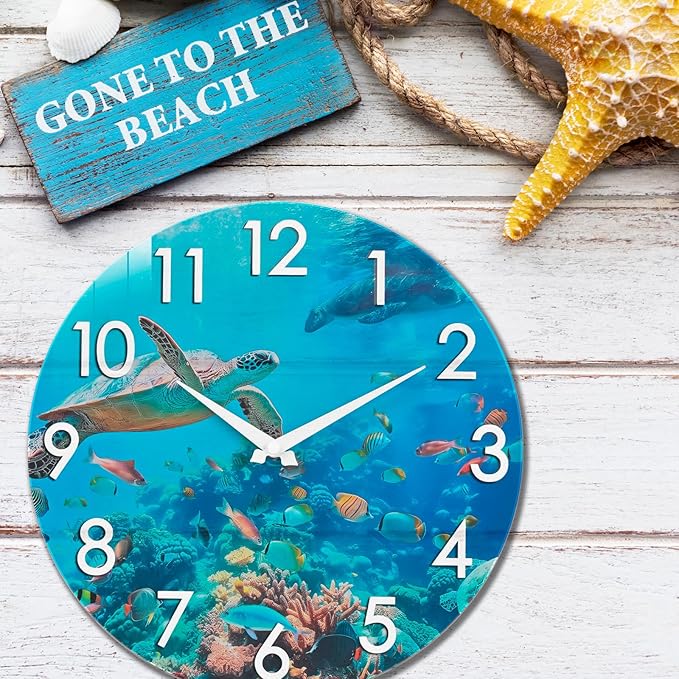 Crosstime 14 Inch Outdoor Clock Waterproof - Sea Turtle Underwater Blue Ocean Coastal Decor Outdoor Wall Clocks Battery Operated Silent for Patio, Pool, Garden