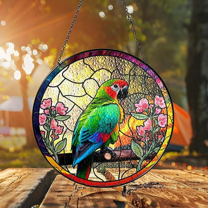 6" Parrot and Flowers Stained Glass Suncatcher Art Glass Bird and Flower for Sun Catcher Indoor Window Gift for Pet Animal Nature Floral Lover Women Mom Friend Painted Glass Panel Décor BIRD-03B-SG6
