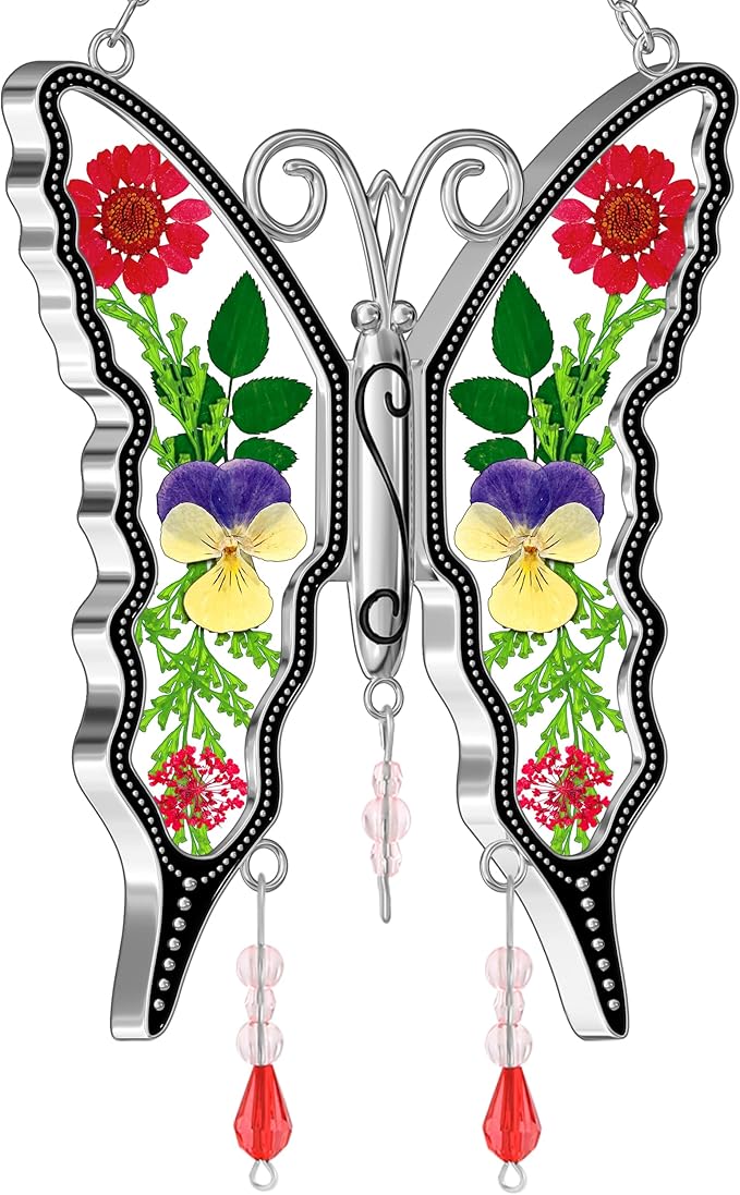 KY&BOSAM Butterfly Suncatcher Staiend Glass for Windows Hangings Wind Chimes Ornament with Pressed Dried Flowers Between Wings and No Charm Gift for Mom Mothers Day Valentine's Birthday Thanksgiving