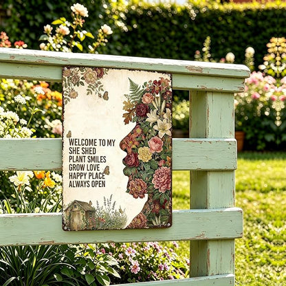 Vintage Metal Garden Sign, Welcome to My She Shed Wall Decor, Gardening Gifts for Women, Home Patio Yard Art, 8 x 12 Inches