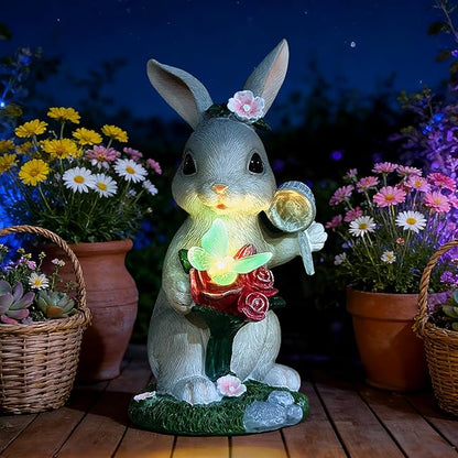 Solar Garden Decor Rabbit with Butterfly Statues Outdoor, Outdoor Figurine Statue Lights, Outdoor Garden Yard Lawn Patio Decoration, Unique House Warming Birthday Present for Women Family