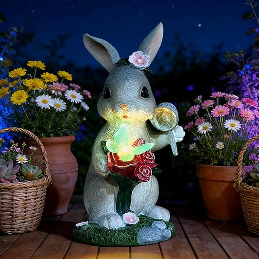 Solar Garden Decor Rabbit with Butterfly Statues Outdoor, Outdoor Figurine Statue Lights, Outdoor Garden Yard Lawn Patio Decoration, Unique House Warming Birthday Present for Women Family