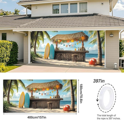 ANNA QUEEN Tiki Bar Garage Door Banner 6 x 13FT, Tropical Beach Surf Scene with Palm Trees and Surfboards,Outdoor Garage Decoration for Summer Parties Home Decor