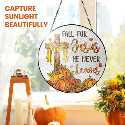 FLAGWIX Fall Decorations for Home - Stained Glass Window Hanging 8in - Christian Sun Catchers Indoor Window, Fall Gifts for Women Men, Thanksgiving Decorations Sun Catcher, Christian Gifts for Mom Dad