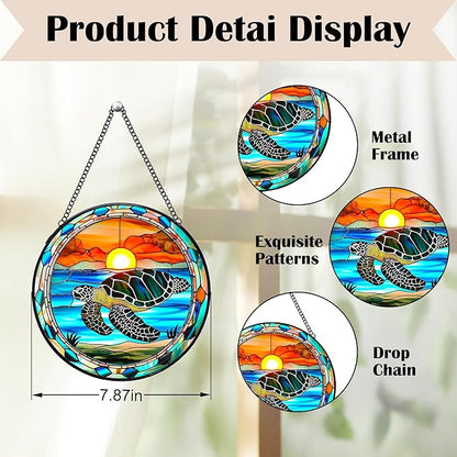 Sea Turtle Stained Glass Window Hanging Suncatchers, Coastal Ocean Sun Catchers Indoor Window Glass Wall Art Decor, Ocean Beach Wall Hanging Decorations Sculptures, Sea Turtle Gift, 7.9x7.9in