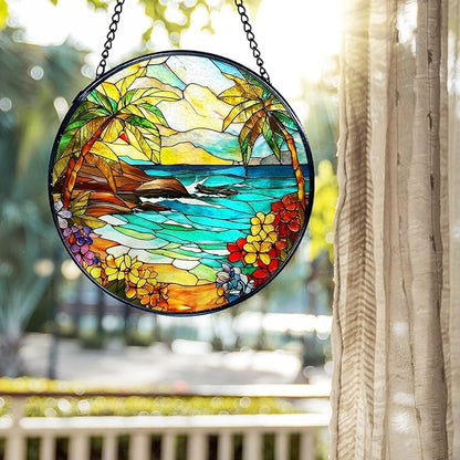 kdqua Tropical Beach Suncatcher Stained Glass Window Hanging, Coastal Ocean Beach Sun Catchers Indoor Window Glass Round Wall Decor, Beachy Wall Art Hanging Decorations Statues, 7.9x7.9in