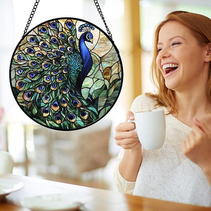 DASTOLL Stained Glass Window Hanging, Blue Green Peacock Decor Suncatcher for Door Garden Home Decoration Bird Sun Catchers Christmas Mother's Day Birthday Gifts for Women Men Mom Nana Friend 7.8 in