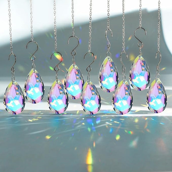 10pcs Crystal Sun Catcher, 38mm Hanging Teardrops Crystals Chandelier Parts Prisms Pendants with Hook Crystal Christmas Ornaments for Christmas Tree Decorations Home Decor (AB Coating)