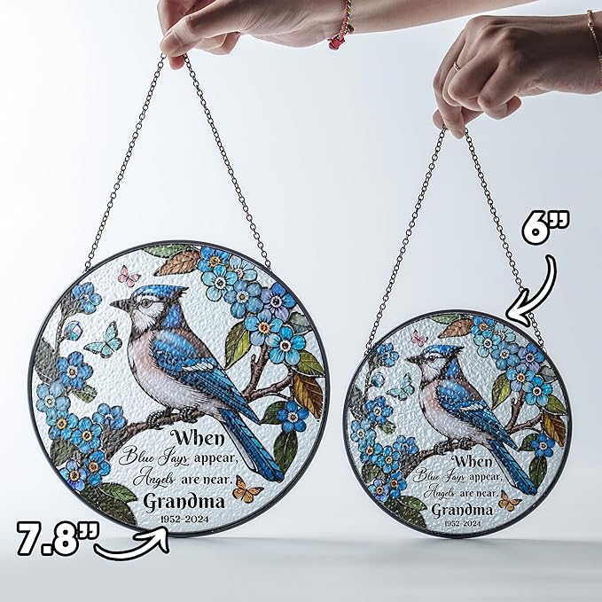 Personalized Blue Jay Bird Stained Glass Suncatcher, In Loving Memorial Name Bird Memorial Suncatcher Window Hanging Mothers Day Blue Jay Appear Angels are Near, Sympathy Gifts for Mom, Grandma, Women