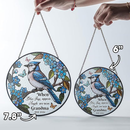 Personalized Blue Jay Bird Stained Glass Suncatcher, In Loving Memorial Name Bird Memorial Suncatcher Window Hanging Mothers Day Blue Jay Appear Angels are Near, Sympathy Gifts for Mom, Grandma, Women