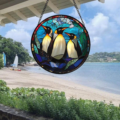 CHATYOUNG Stained Glass Window Hanging Blue Ocean Penguin Landscape Large 15" - Fine Suncatcher Door Garden Sun Catcher Decor Birthday Christmas for Mom Woman Nana Friend Men Wife