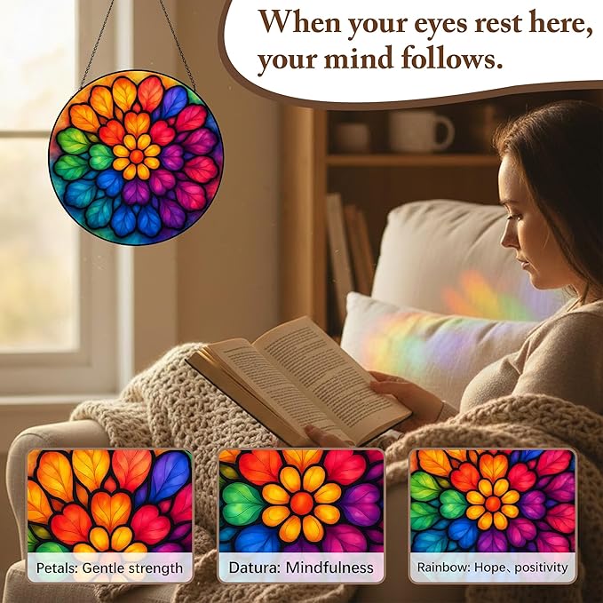 Stained Glass Window Hanging, Rainbow Mandala Meditation Sun Catcher, Stained Glass Panels for Indoor Windows Wall Art Decor, Birthday Gift for Mom Women Wife Lovers (7.87inch)