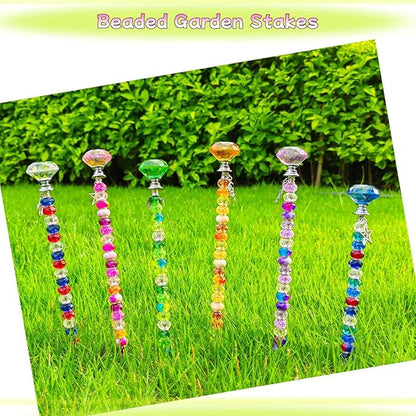 290Pcs Beaded Garden Stakes Kit - DIY Fairy Wand Garden Stake Beads Kit with 240 Colorful Large Hole Beads, Fairy Garden Accessories Outdoor for Different Festivals (6Diamonds & 6Balls)