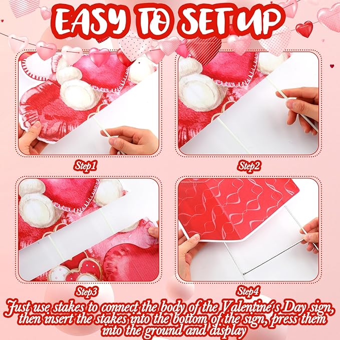 Yuntau 4 Pcs Valentine's Day Yard Signs Gift Box Outdoor Sign with Stakes Valentine Red Love Bear Heart Lawn for Holiday Pathway Lawn Stake Walkway Patio Party Wedding Anniversary Decor