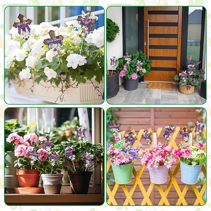 Cinrobiye 12Pcs Easter Planter Stakes Religious He is Risen Flower Pot Signs Christian Cross Stake Outdoor Lawn for Easter Party Patio Yard Outside Greetings Home Farmhouse Decor