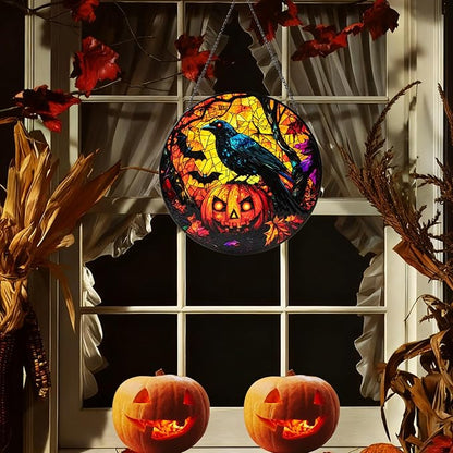 Stained Glass Window Hanging, Halloween Decorations Evil Crow Pumpkin Maple Leaf Suncatcher for Doors Garden Indoor Funny Spooky Sun Catchers Gothic Decor for Women, Men, and Mom 7.8 in