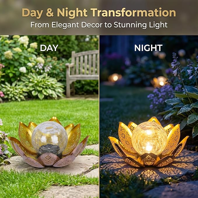DUSVALLY Lotus Solar Globe LED Light Garden Decoration, Outdoor IP65-Waterproof Crack Glass Solar Flower Lamp Hollow Out Retro Golden Metal Light for Patio, Lawn & Pathway Landscape, 12" W * 6" H