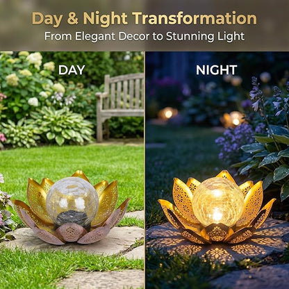 DUSVALLY Lotus Solar Globe LED Light Garden Decoration, Outdoor IP65-Waterproof Crack Glass Solar Flower Lamp Hollow Out Retro Golden Metal Light for Patio, Lawn & Pathway Landscape, 12" W * 6" H
