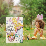 Heyfibro Happy Easter Gnome with Rabbit Ears Garden Flag 12x18 Double Sided Burlap, Funny Bunny Floral Small Yard Flag Easter Egg Banner for Easter Holiday Farmhouse Yard Outdoor Decor(ONLY FLAG)