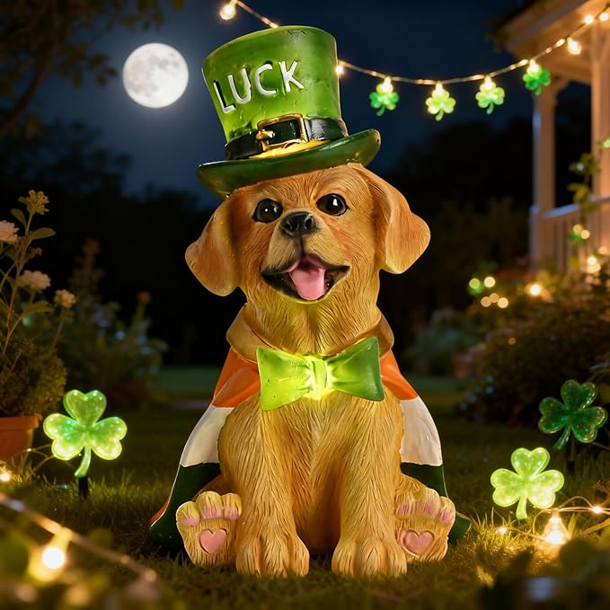 TERESA'S COLLECTIONS Saint Patrick's Day Decor, Dog Statue with Irish Costume and Solar Light, Waterproof Resin Garden Decor, Saint Patrick's Day Decor Gift for Party 8 Inch