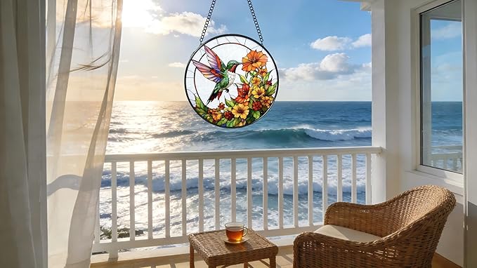 Stained Glass Window Hanging - Hummingbirds are Collecting Nectar 6.3 Inches Suncatcher for Garden Home Decor for Women Mon Grandma Friends