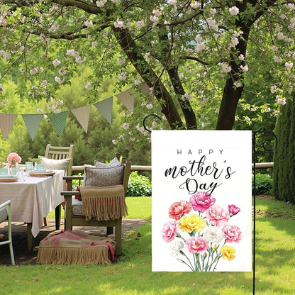 Happy Mother’s Day Garden Flag Floral Carnation Yard Flag for Mom Elegant Spring Flower Outdoor Decor Mothers Day Gift Garden Lawn Porch Patio Double Sided Welcome Flags 12x18 Inch