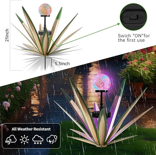 2Pack Metal Agave Rustic Sculpture Yard Decor with Solar Mosaic Light, 21Inches Height Hand Painted Metal Tequila Garden Statue Green