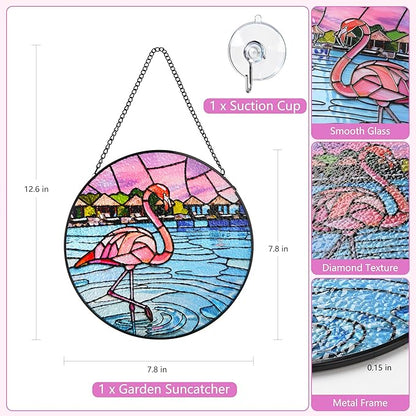 Stained Glass Window Hanging, Flamingo Circular Painted Glass Suncatcher with Chain & Suction Cup for Home Garden Door Decor, Birthday for Women Men Mom 7.8 in