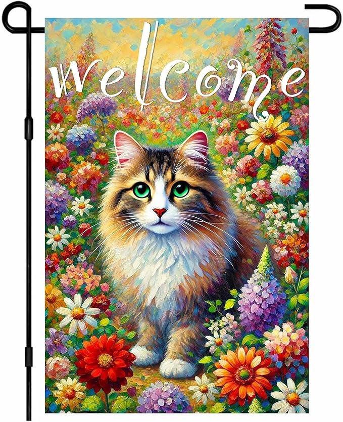 BlissYard Spring Welcome Cat Garden Flag Double Sided 12x18 Inch Tabby Cat Garden Flag Funny Floral Tulip Cats Flags Vertical Farmhouse Welcome Yard Spring Summer Seasonal Outdoor Porch Decor